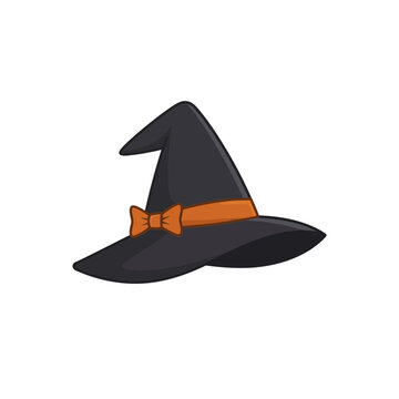 Witch hat vector illustration with orange ribbon and bow, black wizard headwear for Halloween party decor, spooky magic accessory icon isolated on White Background halloween