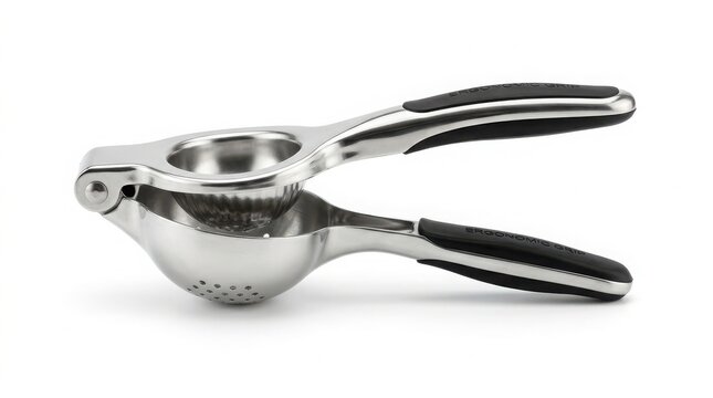 Stainless steel citrus lemon squeezer with black rubber handle grip squeezer stainless handheld kitchenware accessory professional preparation beverage equipment culinary utensils isolated