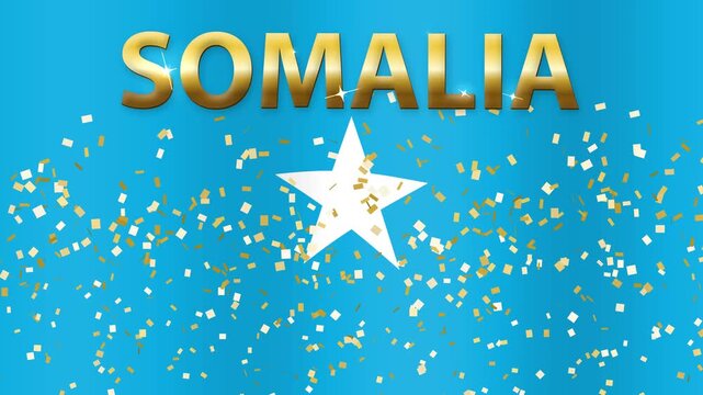 Waving Somalia Flag Background with Gold Text and Falling Confetti