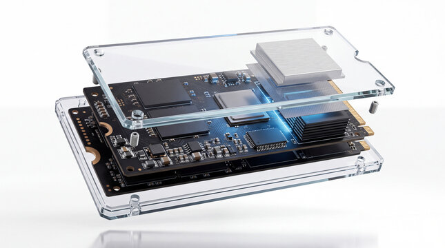 Transparent NVMe SSD Engineering Cutaway Showing Internal Electronic Components