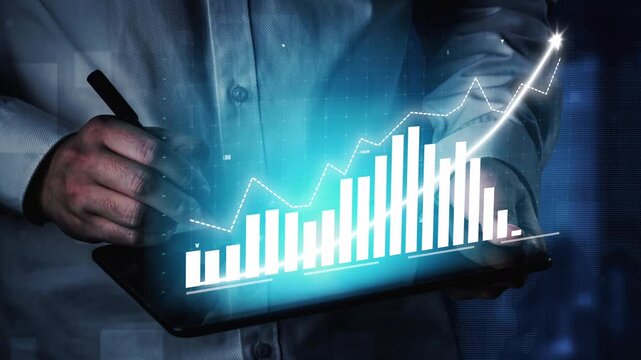 A business professional examines financial data on a digital tablet, featuring a vibrant graph that highlights growth trends and investment insights for strategic decisions. Copula