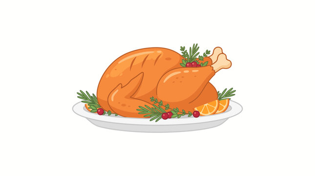 Vector Roasted Turkey on a Plate with Herbs for Thanksgiving Dinner