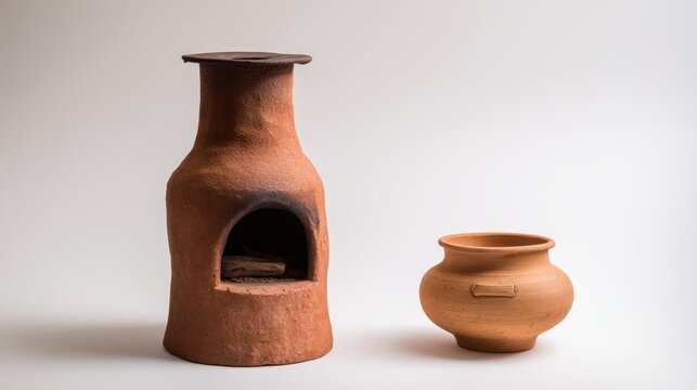 Rustic clay chiminea and pot isolated studio shot on white background