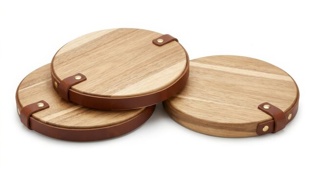 Set of three round wooden serving boards with decorative leather straps culinary presentation restaurant homeware kitchenware tableware woodwork accessory charcuterie entertaining houseware