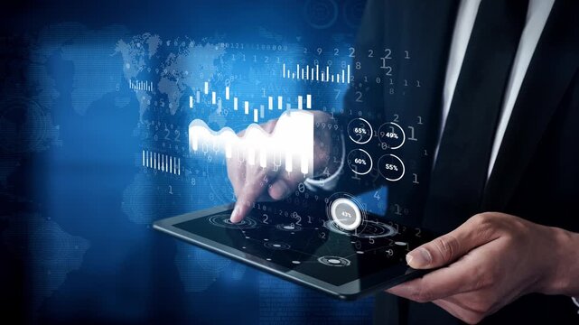 Business Professional Using Tablet with Digital Interface and Global Analytics in Background for Technology and Innovation Themes. Entropy.