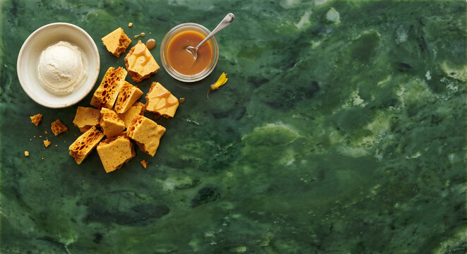 Top down view of New Zealand Hokey Pokey ice cream ingredients on greenstone