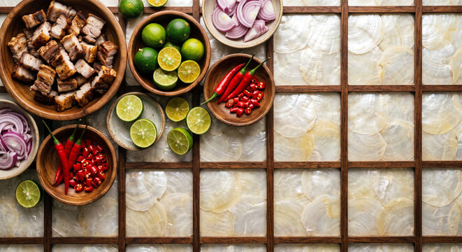 Cinematic top down view of Filipino Sisig pork belly ingredients on Capiz shell