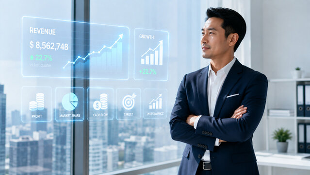 Executive Standing With Floating Revenue Growth Icons In Office