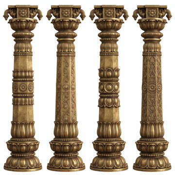 Ornate carved stone temple pillars with intricate floral and geometric architectural details isolated on white