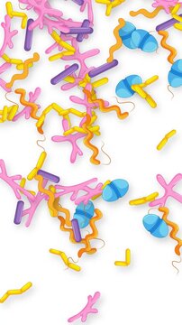 Vertical Animation of Colorful Mixed Microbes Falling on White Background