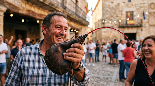 Man pouring red wine from a traditional bota bag at a Spanish village fiesta