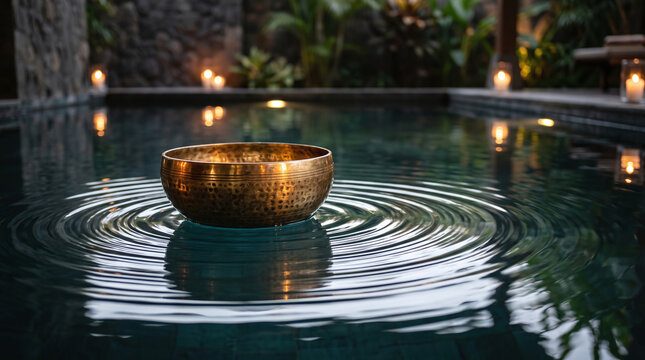 Golden brass singing bowl floating on pool water creating concentric ripples