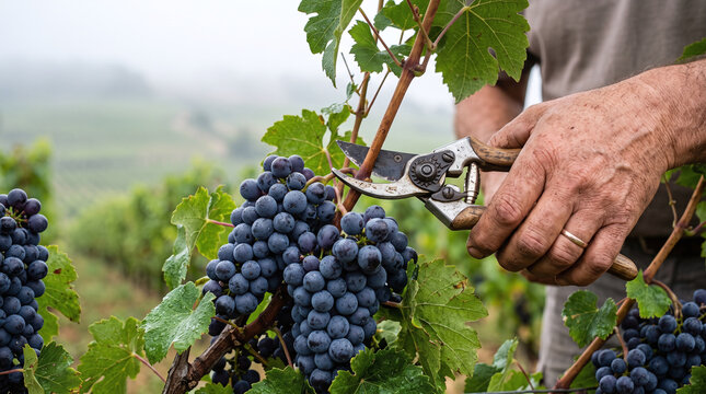 Farmer hands harvesting ripe dark grape bunches with secateurs in vineyard