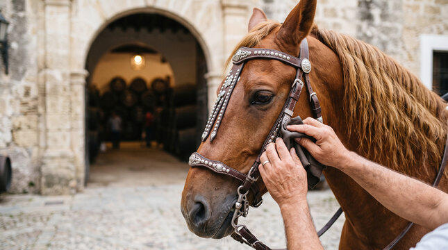 Polishing a traditional silver bridle on an Andalusian horse at Jerez Feria