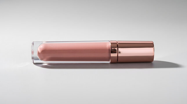 A tube of pink lip gloss lying horizontally on a neutral surface makeup