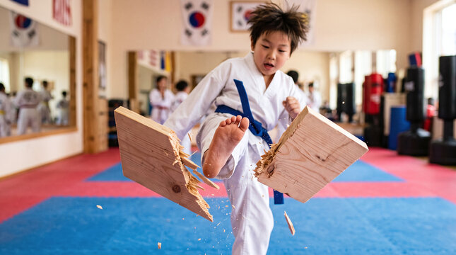 Determined young boy breaking a wooden board with a powerful Taekwondo kick.