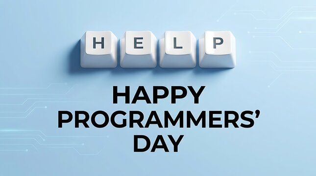 Happy programmers day greeting card with keyboard keys spelling help and circuit board pattern on a light blue background