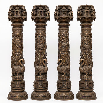 Intricately carved stone temple pillars with ornamental bird sculptures and traditional architectural relief details
