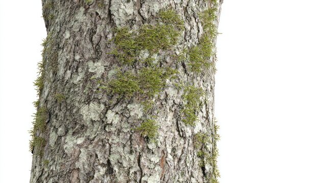 Close up of a tree trunk with textured bark and patches of green moss