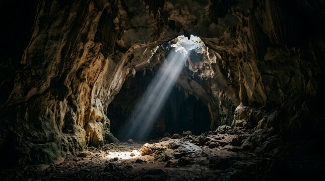 Sunbeam shining through a cavern ceiling hole