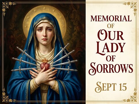 Religious artwork depicting the memorial of our lady of sorrows with the virgin mary pierced by seven swords and a flaming heart, september 15th