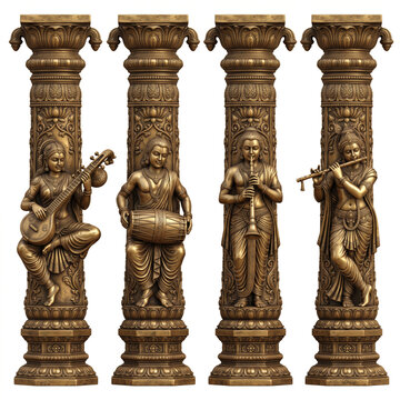 Carved stone temple pillars with sculpted musicians and intricate traditional architectural ornamentation