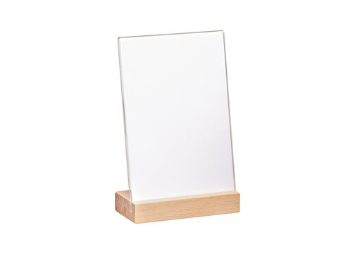 Blank clear acrylic sign display holder stand with a wooden base isolated on a transparent background with copy space for QR code payment. Concept for cafe, online shopping and financial business.