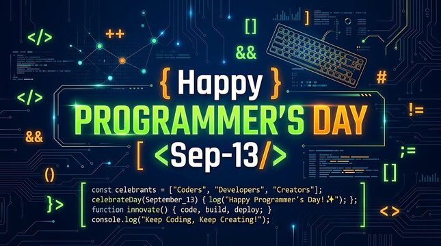 Happy programmers day celebration graphic with code snippets and tech elements on a dark digital circuit board background