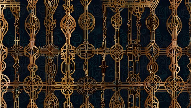 Intricate golden metallic abstract pattern background. Ornate decorative art, luxury steampunk style, elegant geometric design.