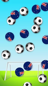 Soccer Balls and New Zealand Flag Spheres Falling Over Goal