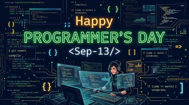 Happy programmers day celebration with digital code background and a female developer working on computers