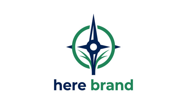 Compass star and plant logo design template, navigation and nature brand identity