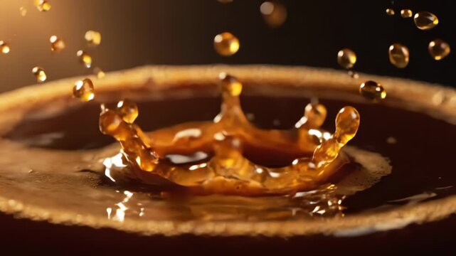Close-up of coffee splash creating a crown shape in a cup
