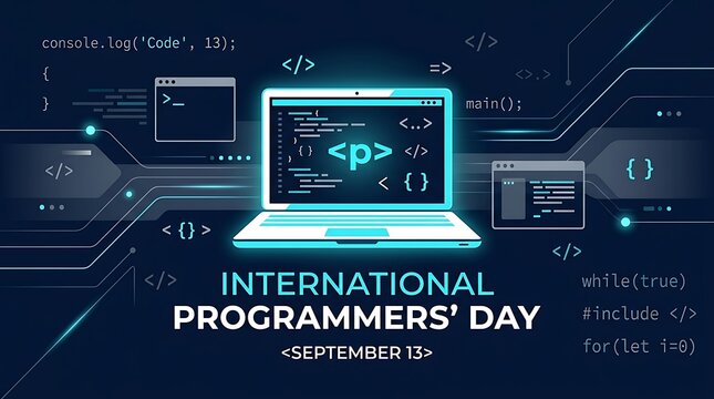 International programmers day celebration graphic with a glowing laptop, code snippets, and digital circuit board elements on a dark blue background