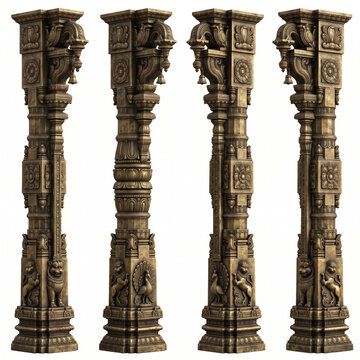 Tall carved stone temple pillars with guardian figure niches and ornate architectural ornamentation