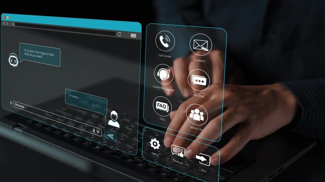Hands typing on a laptop with virtual support interface showing customer service features and options for assistance and communication Sigmoid