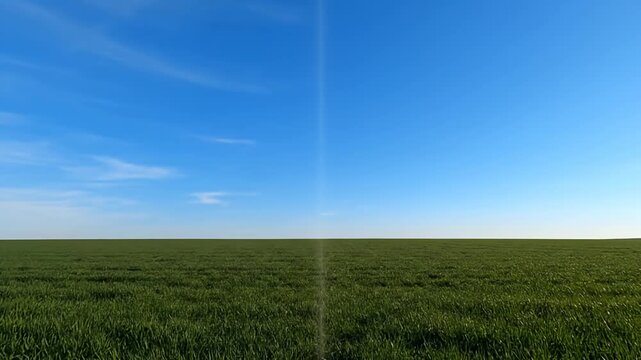 Green field under blue sky with vertical light beam.