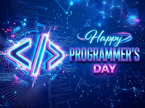 Happy programmers day celebration graphic with glowing neon code brackets, digital circuit board background, binary code, and futuristic technology elements