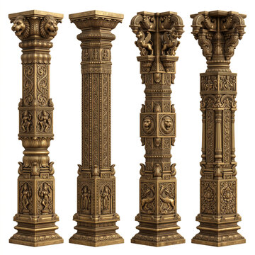 Intricately carved stone temple pillars with sculptural capitals and shrine panel architectural ornament