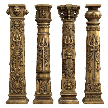 Traditional carved stone temple pillars with floral relief and ornate architectural decorative motifs