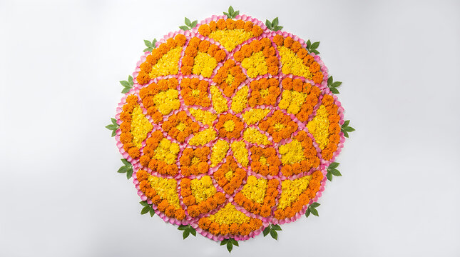 Beautiful circular floral rangoli design made with fresh marigold flowers for diwoli festival home decoration and celebration