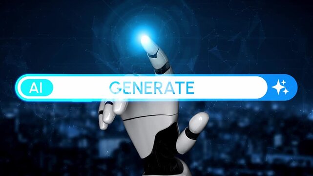 Futuristic robotic hand reaching for a glowing interface button labeled �Generate illuminated against a dark city skyline background with digital elements. Entropy.