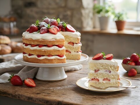 Fresh Strawberry Cream Cake with Layered Sponge, Whipped Cream and Fruit