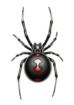 Detailed Stipple Illustration of a Black Widow Spider with Red Markings on White Background