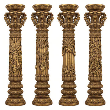 Decorative carved stone temple pillars with floral motifs and intricate traditional architectural detailing