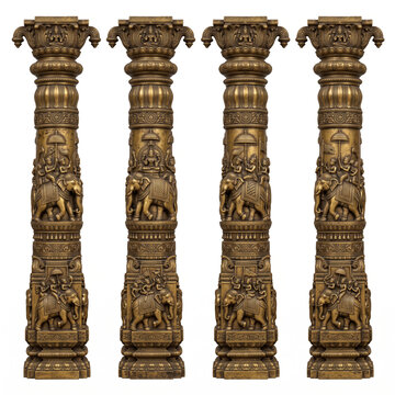 Carved stone temple pillars featuring elephant sculptures and ornate traditional architectural ornamentation
