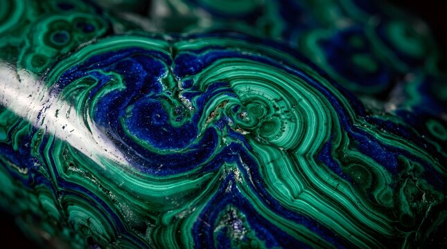 Malachite and azurite mineral macro, polished green and blue gemstone texture, natural concentric swirl pattern of semiprecious stone