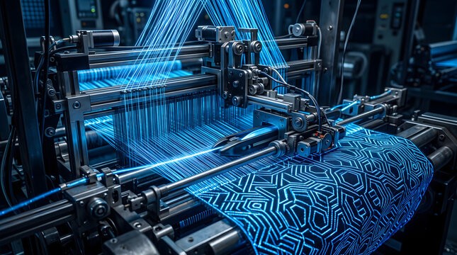 Modern industrial weaving machine producing illuminated smart fabric with fiber optic threads, showcasing advanced manufacturing and textile innovation.