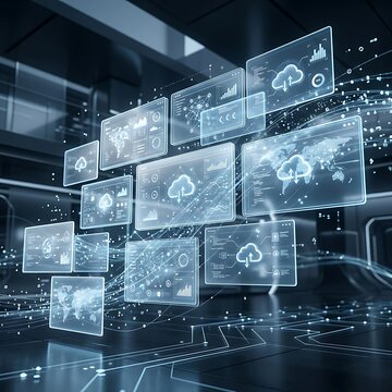 Abstract digital cloud computing and data network visualization with floating holographic interface panels in a futuristic server room environment