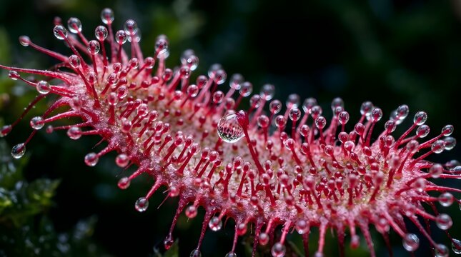 Sundew carnivorous plant macro photography, pink drosera leaf with sticky dew droplets, exotic botanical specimen in natural habitat